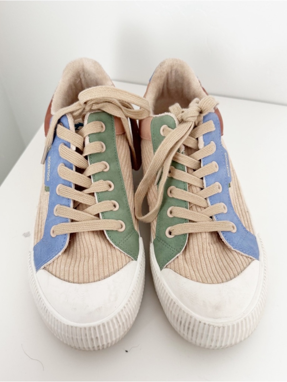 Rocket Dog Beige Corduroy Sneakers with Blue and Green Accents
